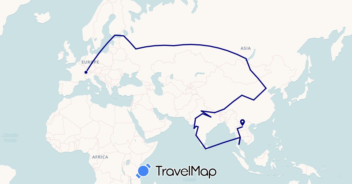 TravelMap itinerary: driving in Switzerland, China, Finland, India, Laos, Sri Lanka, Mongolia, Nepal, Russia, Thailand (Asia, Europe)